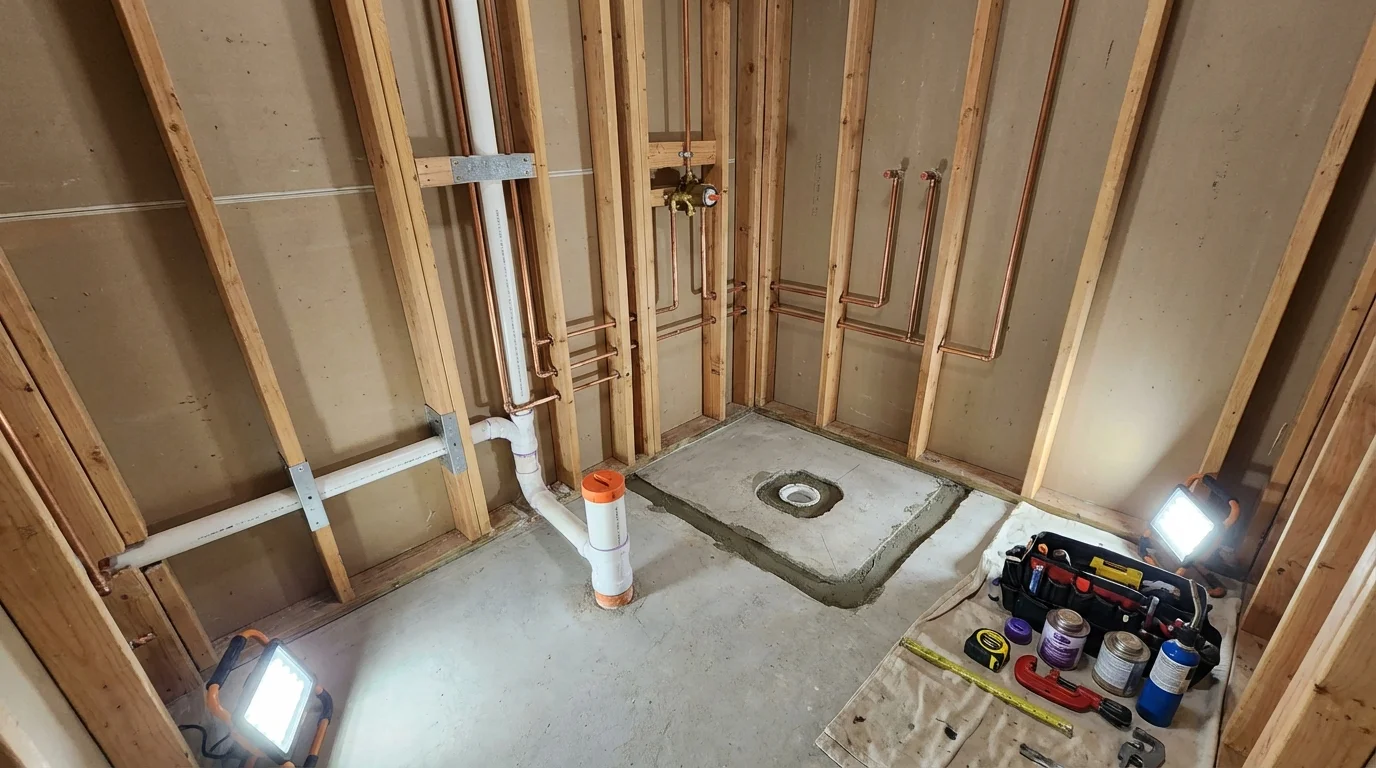 Bathroom rough-in plumbing during remodel by Johns Plumbing LLC in Mount Olivet