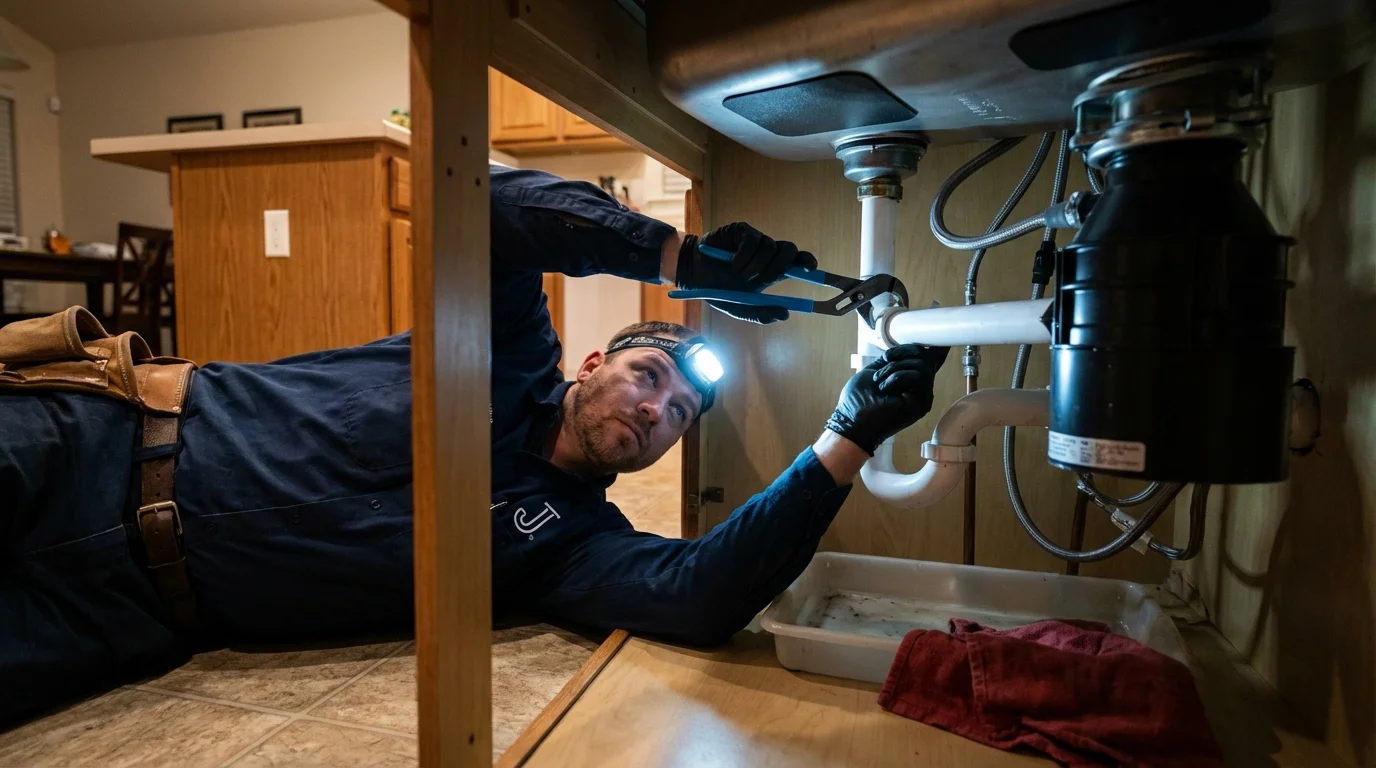P-trap and supply line connections under a kitchen sink showing a common leak point in Mount Olivet, KY